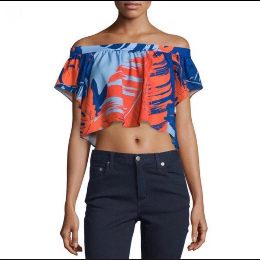 Nicholas Off-Shoulder Tropical Print Crop Top